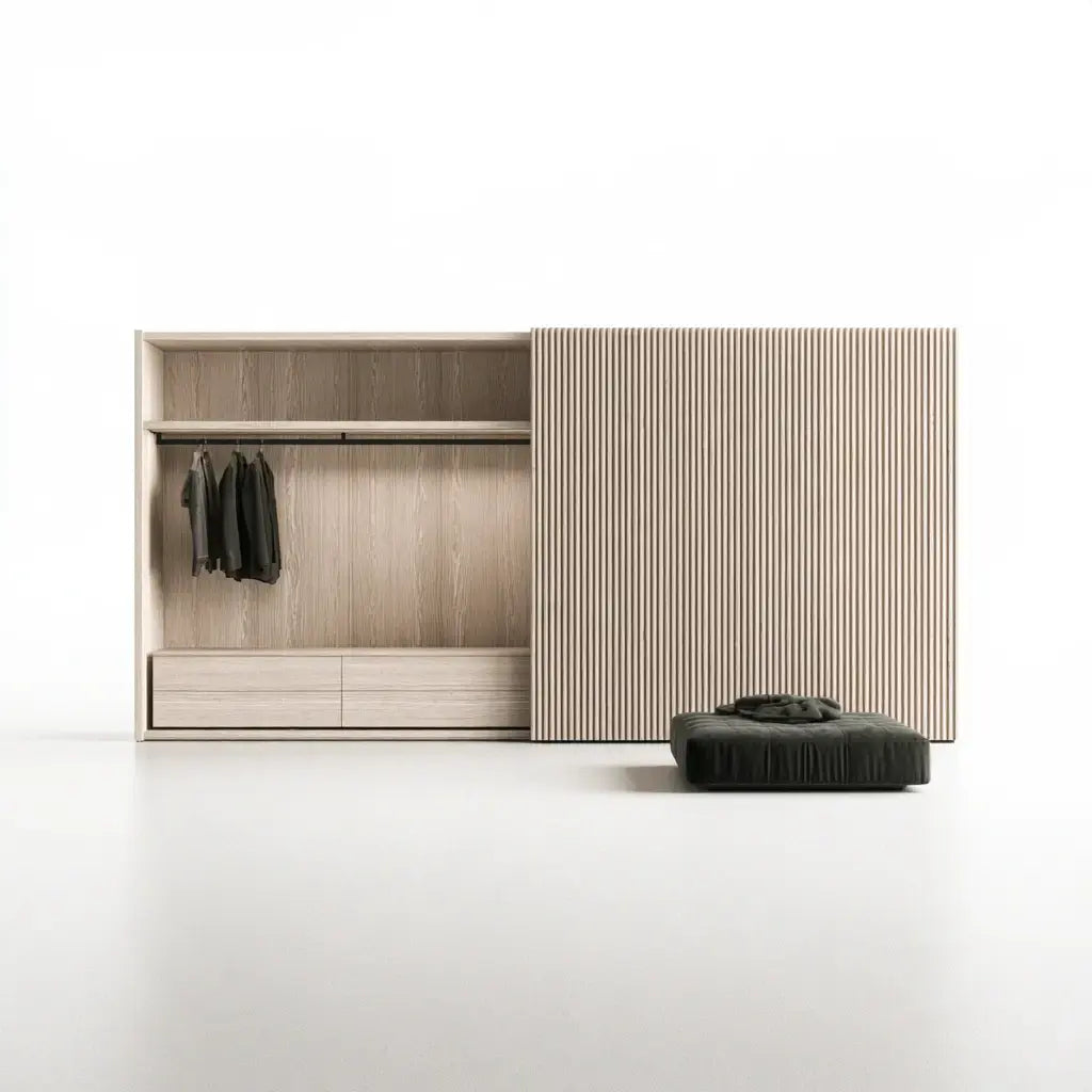 Armario con puerta estriada y compartimentos abiertos - beige