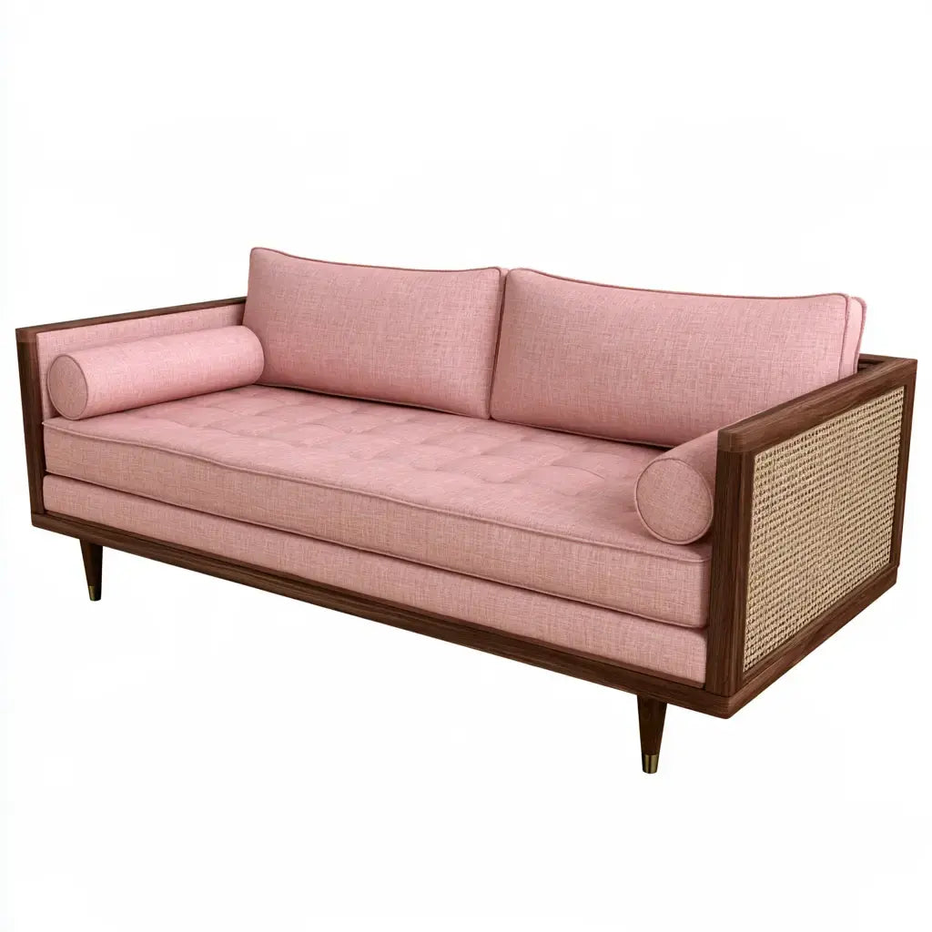 Sofá con laterales de rejilla y cojines lisos - rosa/marrón